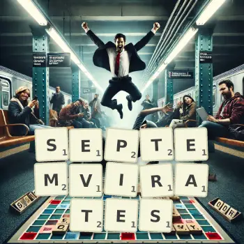 Creative illustration for a Scrabble game with the word SEPTEMVIRATES spelled out in tiles on the board.