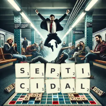 Creative illustration for a Scrabble game with the word SEPTICIDAL spelled out in tiles on the board.