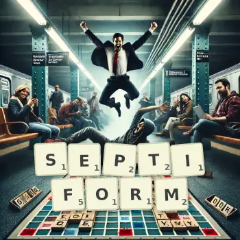 Creative illustration for a Scrabble game with the word SEPTIFORM spelled out in tiles on the board.