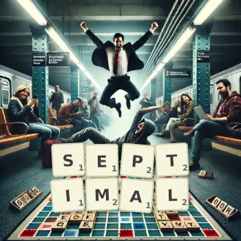 Creative illustration for a Scrabble game with the word SEPTIMAL spelled out in tiles on the board.