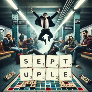 Creative illustration for a Scrabble game with the word SEPTUPLE spelled out in tiles on the board.