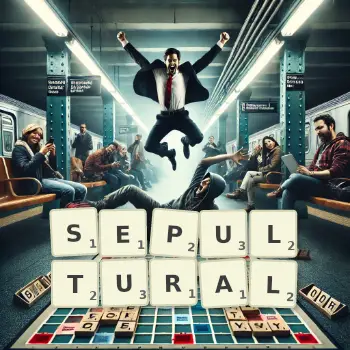 Creative illustration for a Scrabble game with the word SEPULTURAL spelled out in tiles on the board.