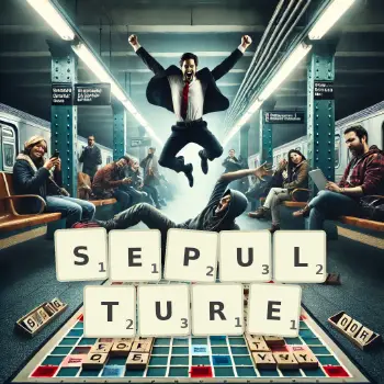 Creative illustration for a Scrabble game with the word SEPULTURE spelled out in tiles on the board.