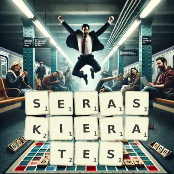 Creative illustration for a Scrabble game with the word SERASKIERATES spelled out in tiles on the board.