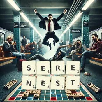 Creative illustration for a Scrabble game with the word SERENEST spelled out in tiles on the board.