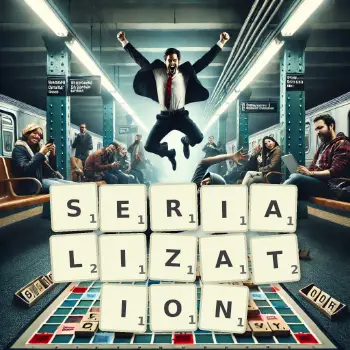 Creative illustration for a Scrabble game with the word SERIALIZATION spelled out in tiles on the board.