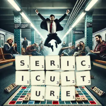 Creative illustration for a Scrabble game with the word SERICICULTURE spelled out in tiles on the board.
