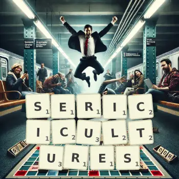 Creative illustration for a Scrabble game with the word SERICICULTURES spelled out in tiles on the board.