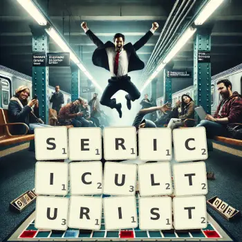 Creative illustration for a Scrabble game with the word SERICICULTURIST spelled out in tiles on the board.