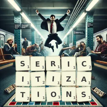 Creative illustration for a Scrabble game with the word SERICITIZATIONS spelled out in tiles on the board.