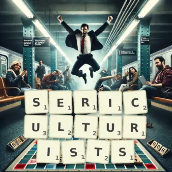 Creative illustration for a Scrabble game with the word SERICULTURISTS spelled out in tiles on the board.