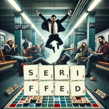 Creative illustration for a Scrabble game with the word SERIFFED spelled out in tiles on the board.