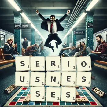 Creative illustration for a Scrabble game with the word SERIOUSNESSES spelled out in tiles on the board.