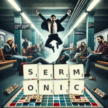 Creative illustration for a Scrabble game with the word SERMONIC spelled out in tiles on the board.
