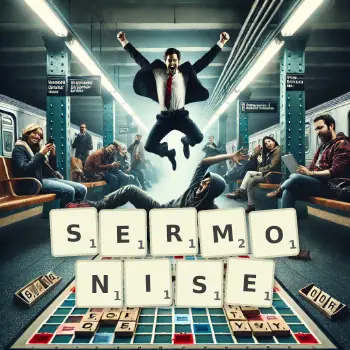 Creative illustration for a Scrabble game with the word SERMONISE spelled out in tiles on the board.