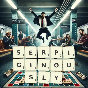 Creative illustration for a Scrabble game with the word SERPIGINOUSLY spelled out in tiles on the board.