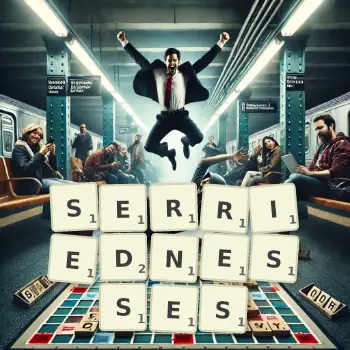 Creative illustration for a Scrabble game with the word SERRIEDNESSES spelled out in tiles on the board.