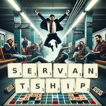Creative illustration for a Scrabble game with the word SERVANTSHIP spelled out in tiles on the board.