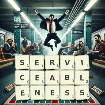 Creative illustration for a Scrabble game with the word SERVICEABLENESS spelled out in tiles on the board.