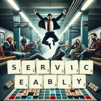 Creative illustration for a Scrabble game with the word SERVICEABLY spelled out in tiles on the board.