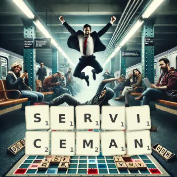 Creative illustration for a Scrabble game with the word SERVICEMAN spelled out in tiles on the board.