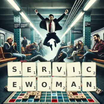 Creative illustration for a Scrabble game with the word SERVICEWOMAN spelled out in tiles on the board.