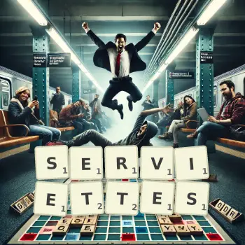 Creative illustration for a Scrabble game with the word SERVIETTES spelled out in tiles on the board.