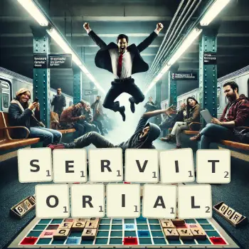 Creative illustration for a Scrabble game with the word SERVITORIAL spelled out in tiles on the board.
