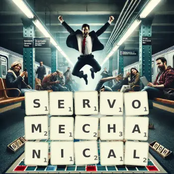 Creative illustration for a Scrabble game with the word SERVOMECHANICAL spelled out in tiles on the board.