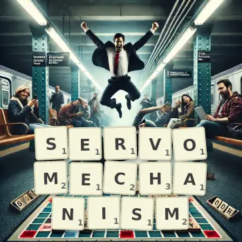 Creative illustration for a Scrabble game with the word SERVOMECHANISM spelled out in tiles on the board.