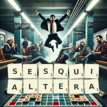 Creative illustration for a Scrabble game with the word SESQUIALTERA spelled out in tiles on the board.