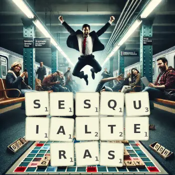 Creative illustration for a Scrabble game with the word SESQUIALTERAS spelled out in tiles on the board.
