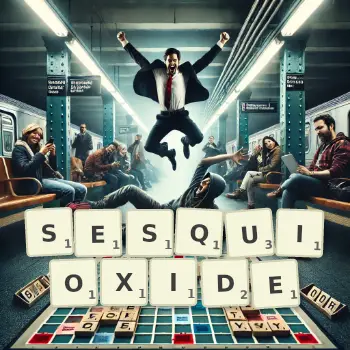Creative illustration for a Scrabble game with the word SESQUIOXIDE spelled out in tiles on the board.