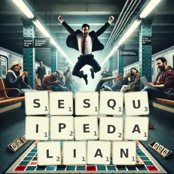 Creative illustration for a Scrabble game with the word SESQUIPEDALIAN spelled out in tiles on the board.