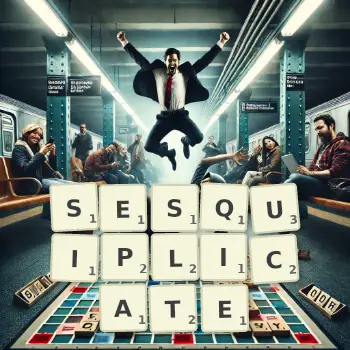 Creative illustration for a Scrabble game with the word SESQUIPLICATE spelled out in tiles on the board.