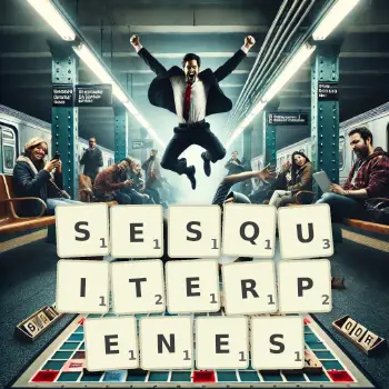 Creative illustration for a Scrabble game with the word SESQUITERPENES spelled out in tiles on the board.