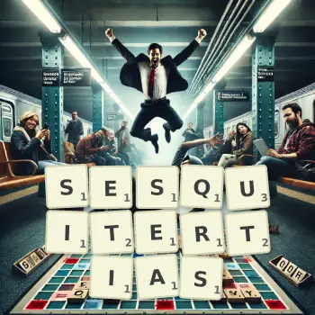 Creative illustration for a Scrabble game with the word SESQUITERTIAS spelled out in tiles on the board.
