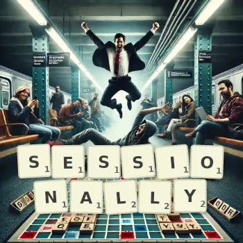 Creative illustration for a Scrabble game with the word SESSIONALLY spelled out in tiles on the board.