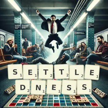 Creative illustration for a Scrabble game with the word SETTLEDNESS spelled out in tiles on the board.
