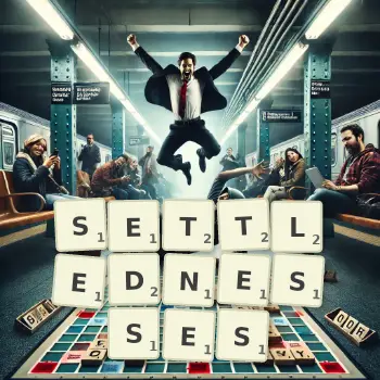 Creative illustration for a Scrabble game with the word SETTLEDNESSES spelled out in tiles on the board.
