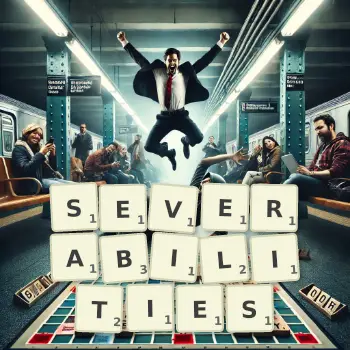 Creative illustration for a Scrabble game with the word SEVERABILITIES spelled out in tiles on the board.
