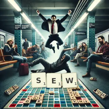 Creative illustration for a Scrabble game with the word SEW spelled out in tiles on the board.