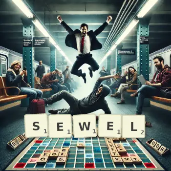 Creative illustration for a Scrabble game with the word SEWEL spelled out in tiles on the board.