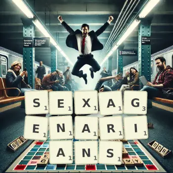 Creative illustration for a Scrabble game with the word SEXAGENARIANS spelled out in tiles on the board.