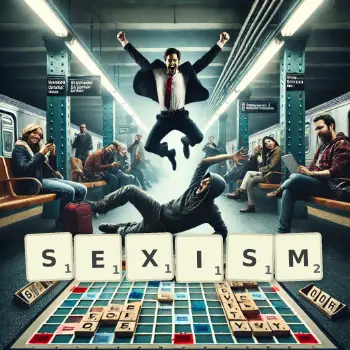 Creative illustration for a Scrabble game with the word SEXISM spelled out in tiles on the board.
