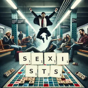 Creative illustration for a Scrabble game with the word SEXISTS spelled out in tiles on the board.