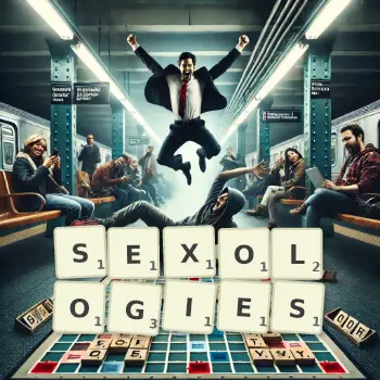 Creative illustration for a Scrabble game with the word SEXOLOGIES spelled out in tiles on the board.
