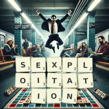 Creative illustration for a Scrabble game with the word SEXPLOITATION spelled out in tiles on the board.