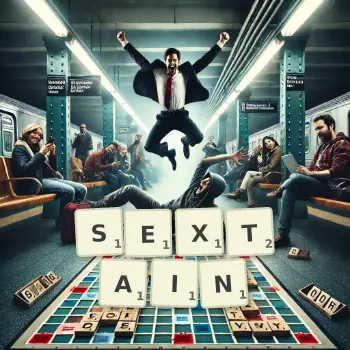Creative illustration for a Scrabble game with the word SEXTAIN spelled out in tiles on the board.