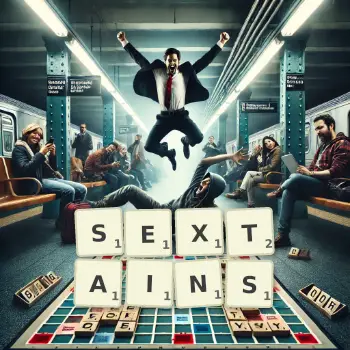 Creative illustration for a Scrabble game with the word SEXTAINS spelled out in tiles on the board.